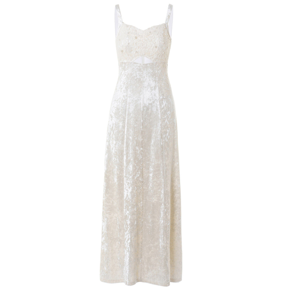 MAXRIENY精致复古感吊带蕾丝网纱拼接钻石绒连身裙气质长裙