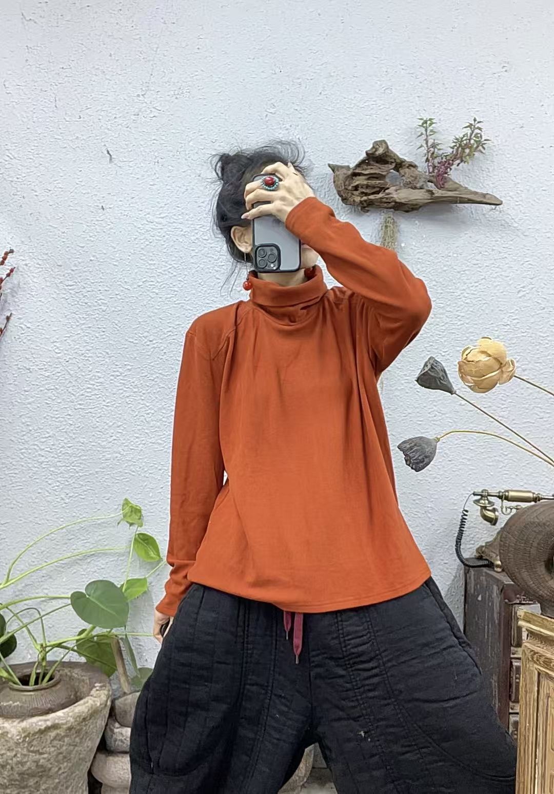 25222德绒高领肩膀绣线长袖上衣（长67胸围124-150