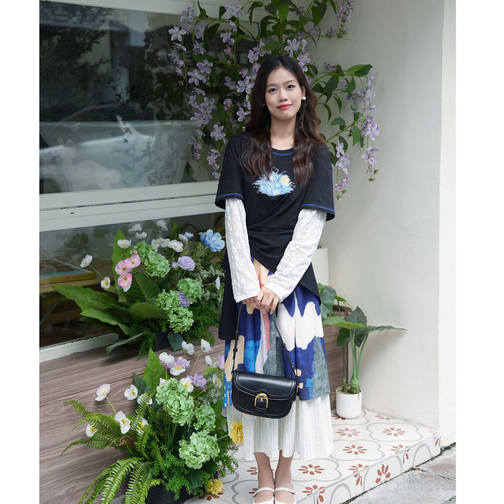 两三事假两件长袖T恤女2025新款秋季拼接不规则下摆印花宽松上衣