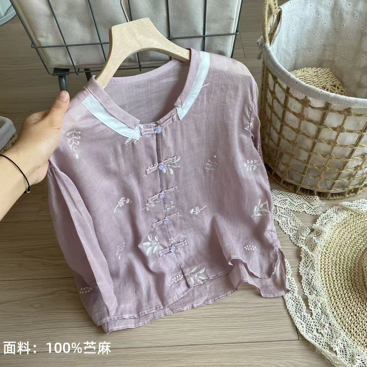 小柒家A0412-高级感苎麻开衫夏季新款法式轻奢七分袖紫色衬衫