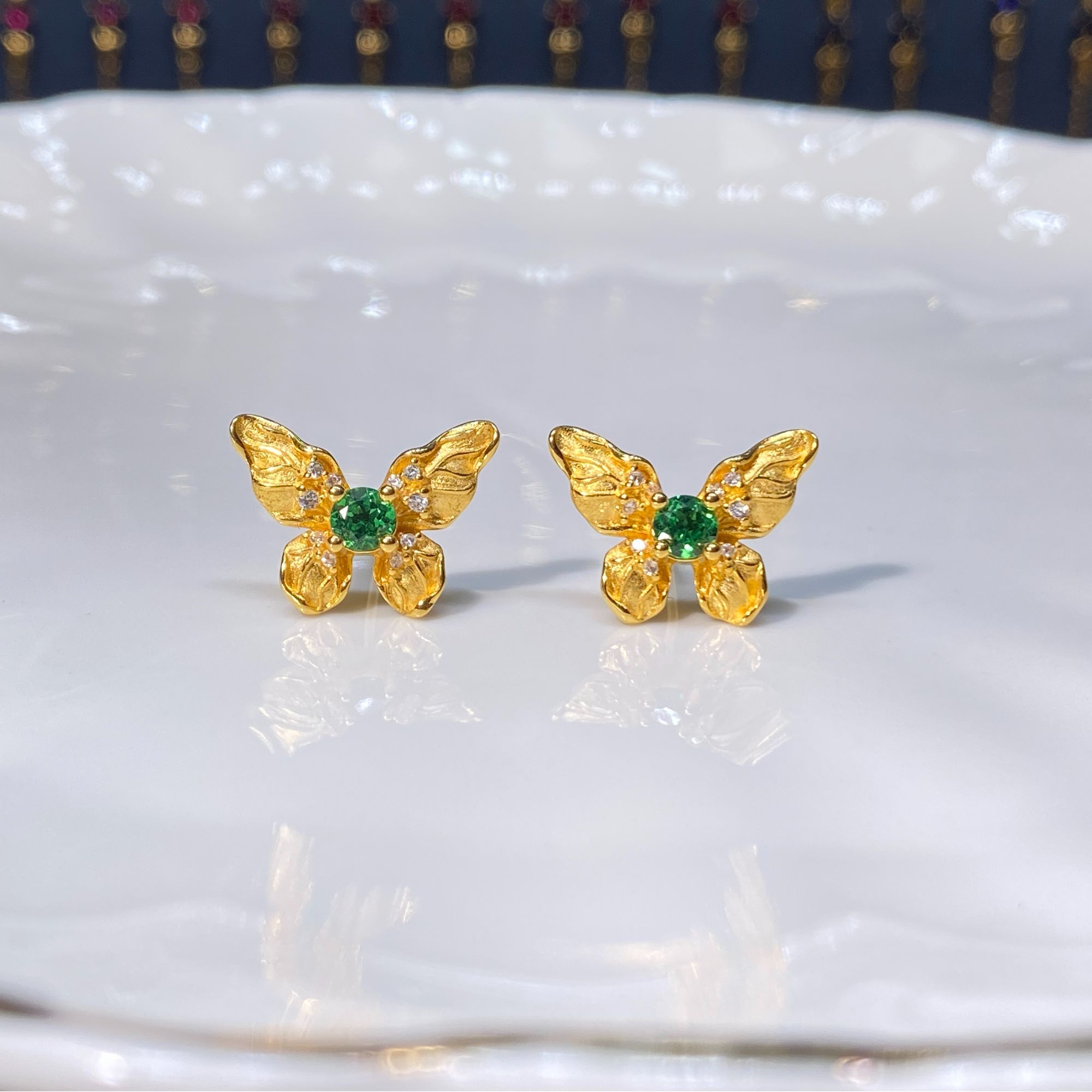 培育祖母绿【121】蝴蝶设计款祖母绿耳钉一对【质检发货】