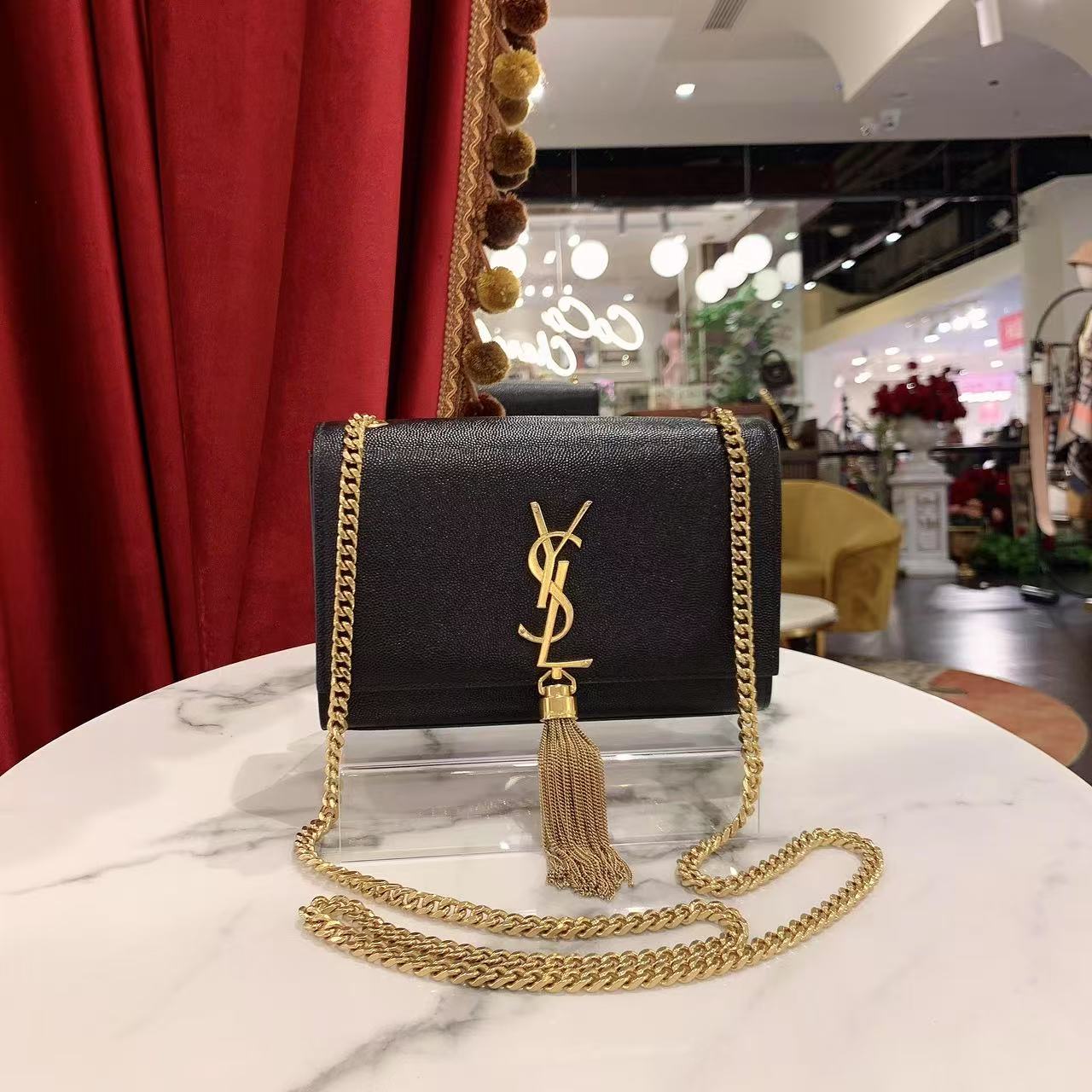 95新 YSL/圣罗兰 GGS流苏Kate小号黑金荔枝牛皮单肩包55882081