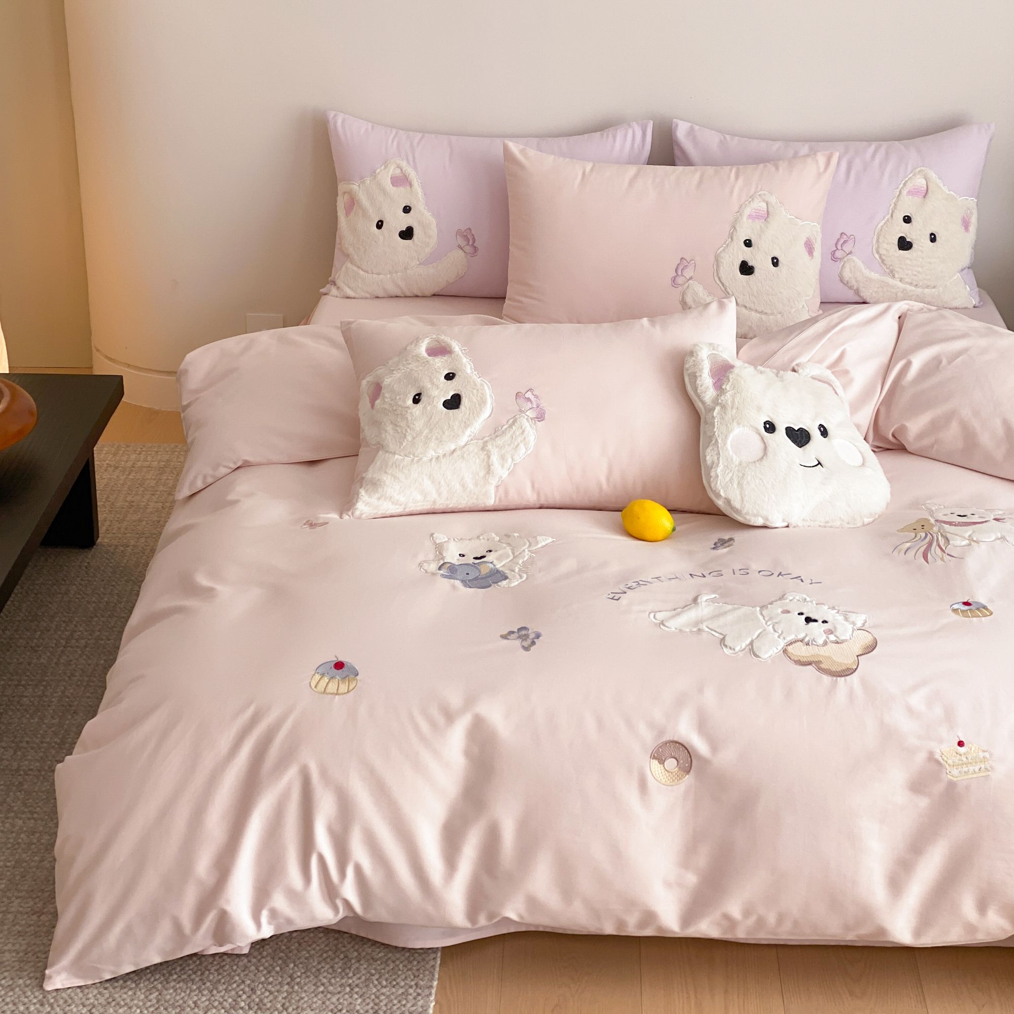 午睡puppy丨全棉磨毛贡缎长绒棉刺绣贴布亲肤柔软四季纯棉四件套