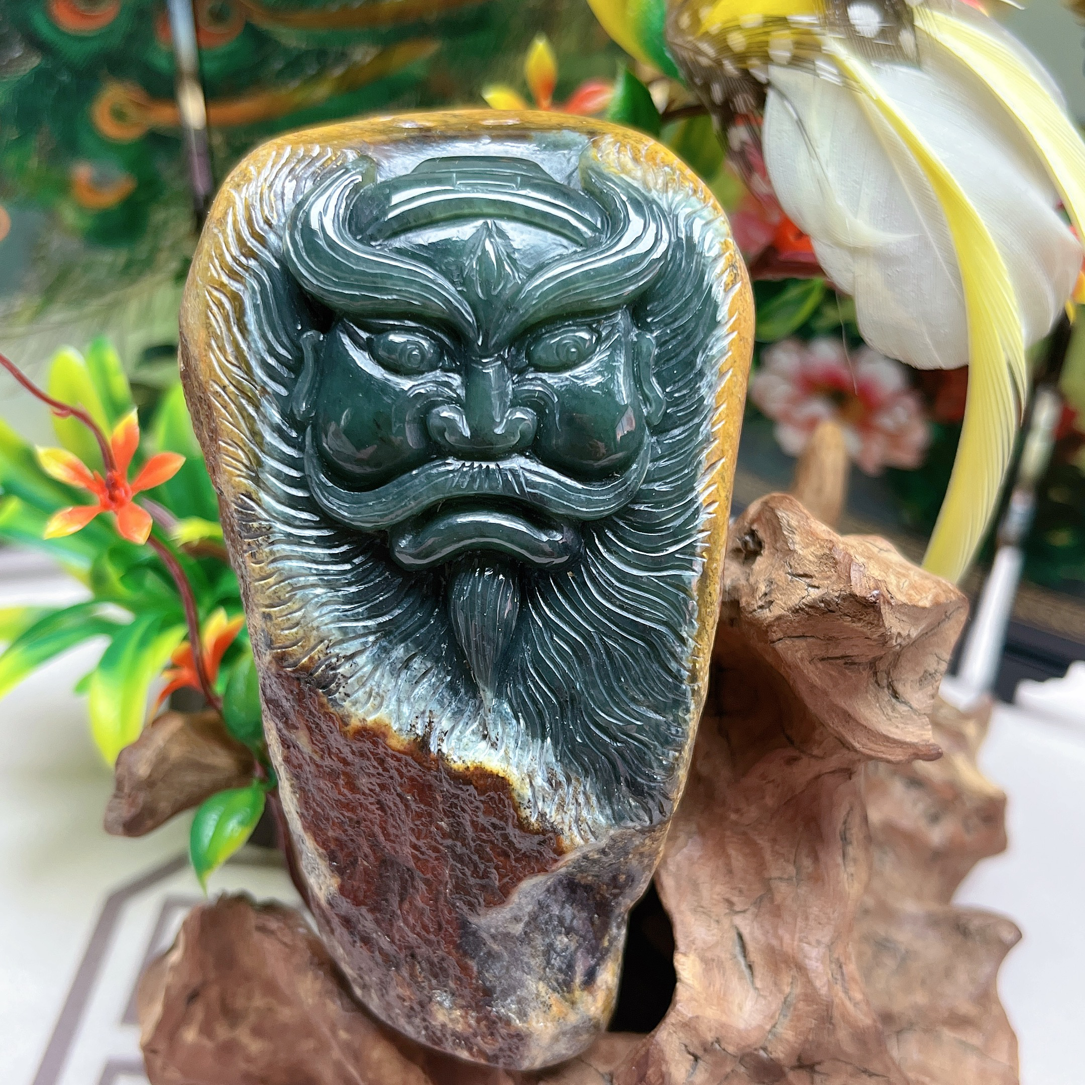 天然玉石河磨玉钟馗小摆或者大手把件原老皮壳浆糖肉四色原皮原色