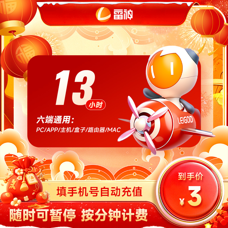 雷神加速器13小时可暂停时长 Apex/CSGO/吃鸡/Steam端/手游戏加速商品图