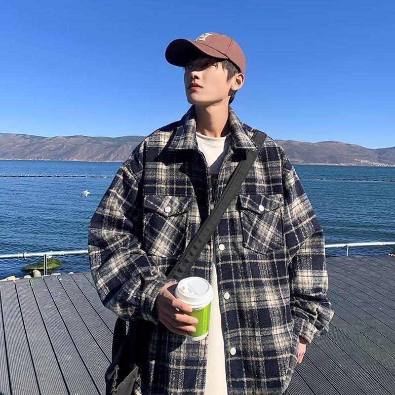 7730-BY秋季ins潮高级感千鸟格毛呢小香风外套男女宽松休闲上衣