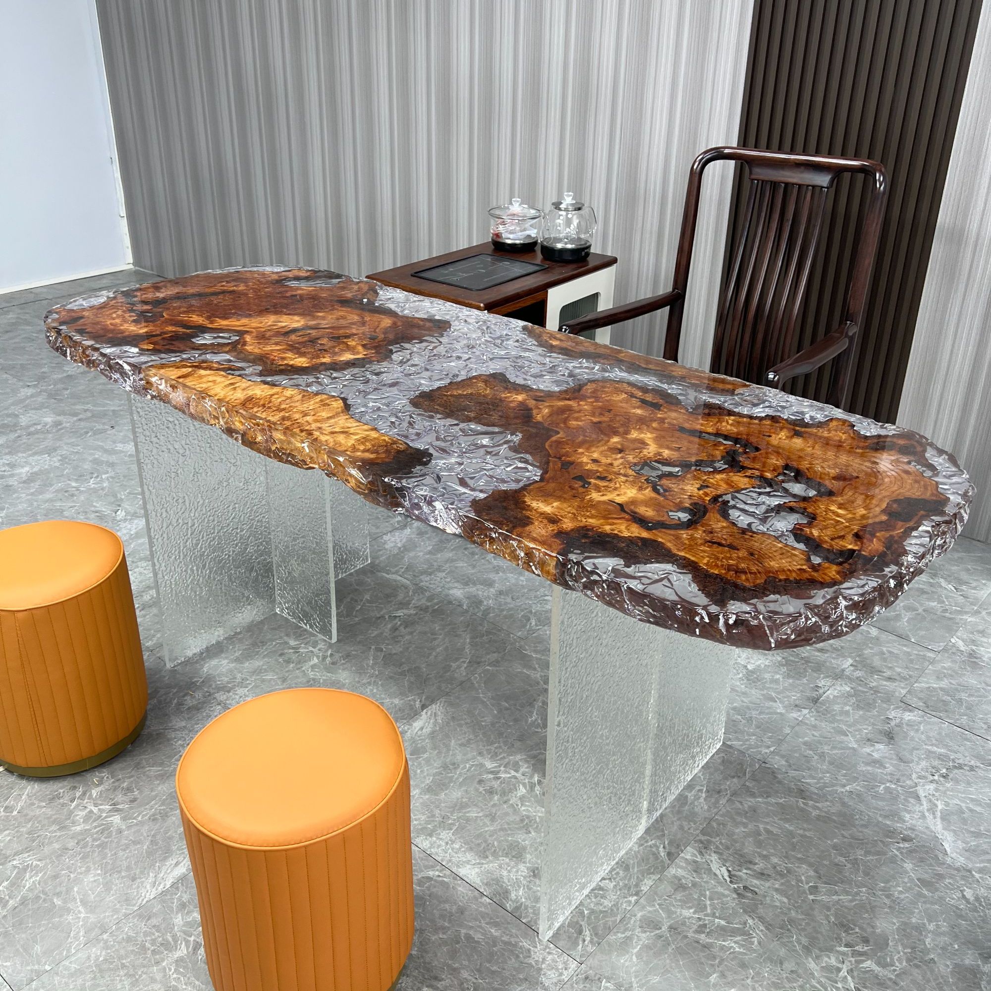 冰裂纹冰川款树脂大板茶桌现代轻奢办公两用茶桌环氧树脂泡茶桌