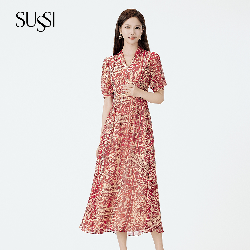 SUSSI/古色度假风连衣裙显瘦气质时尚收腰优雅70后显年轻漂亮时尚