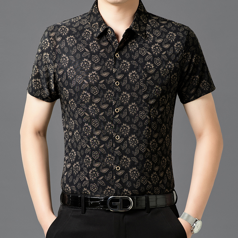 610短袖polo衫男衬衣上衣夏季中年宽松翻领时尚薄款无痕商务印花