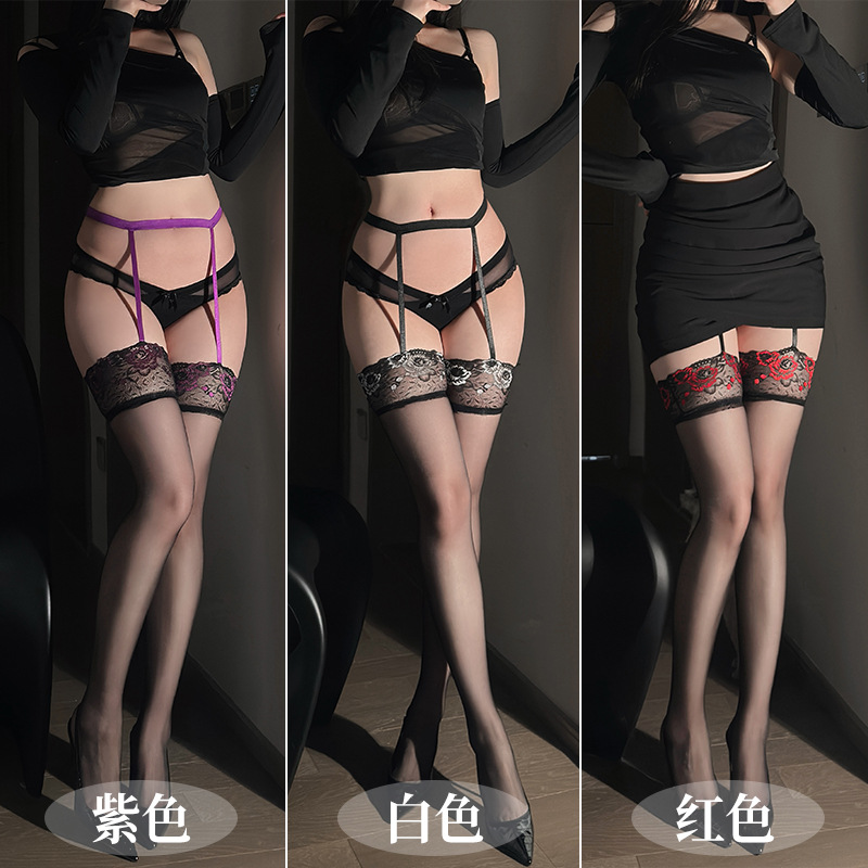 黑丝吊带丝袜纯欲过膝长筒袜蕾丝花边丝袜白丝大腿袜