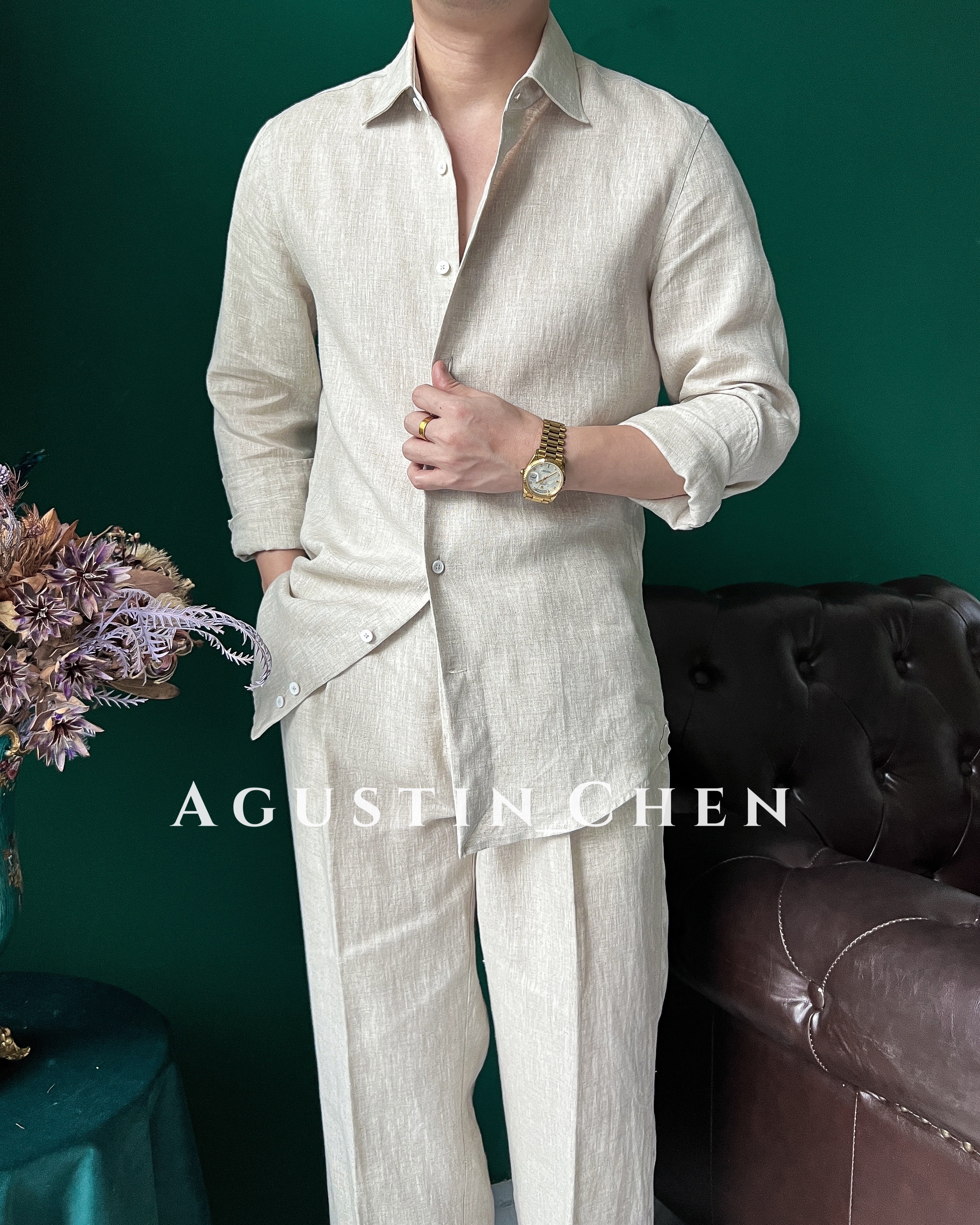 Agustin_Chen 意式那不勒斯【100%亚麻】男士修身套装慵懒老钱风