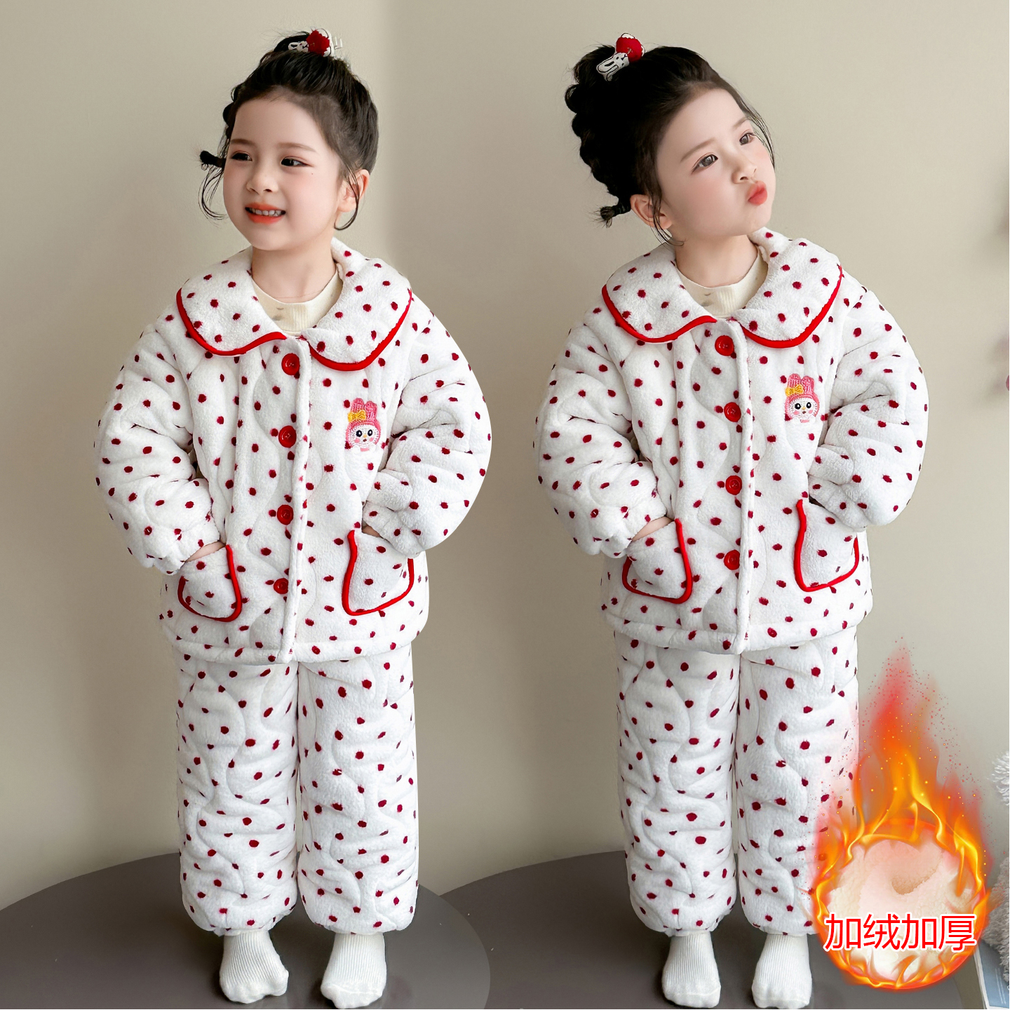 女童睡衣套装冬季2025新款儿童珊瑚绒三层夹棉加绒冬款宝宝家居服