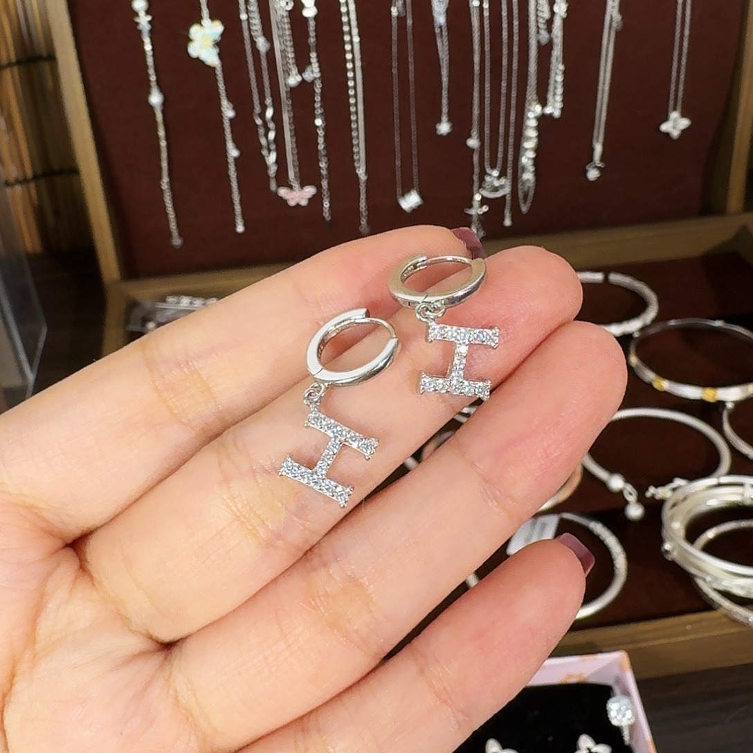 925银H字母耳扣纯银