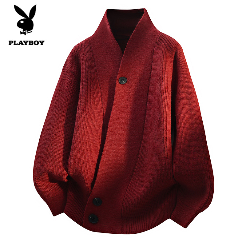 花花公子2025秋冬新款红色针织衫上衣男款气质高级轻奢百搭纯色纽