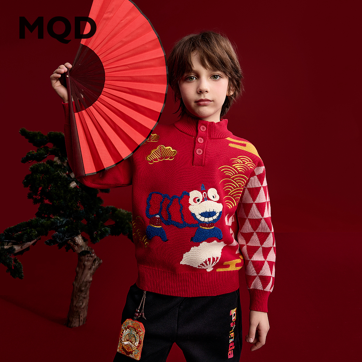 MQD童装男童新年毛衣冬装新款儿童针织衫新年国风毛衣9444W0705