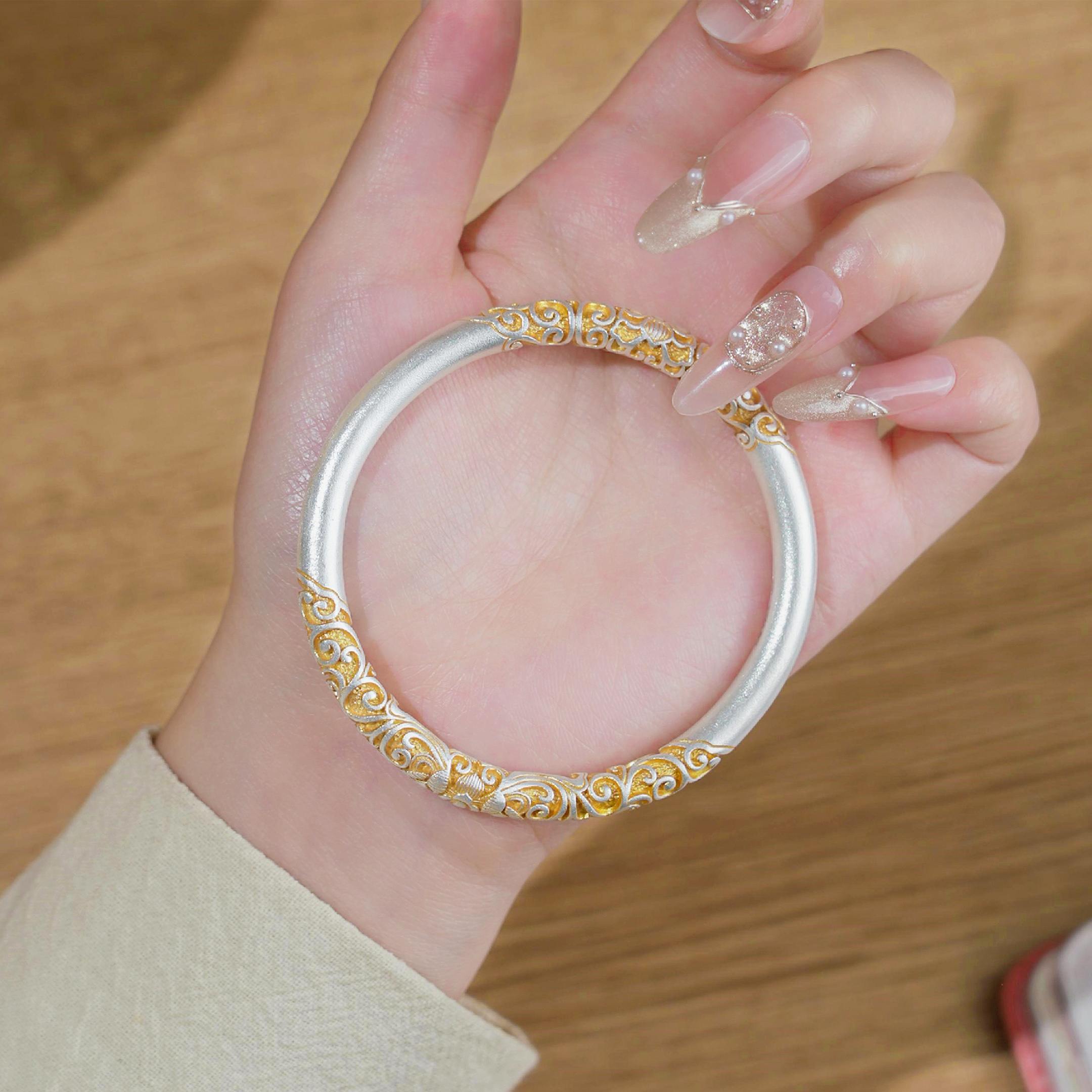 老银匠关东 足银手镯 （粗版卷草纹）纯银手镯实心手工简约