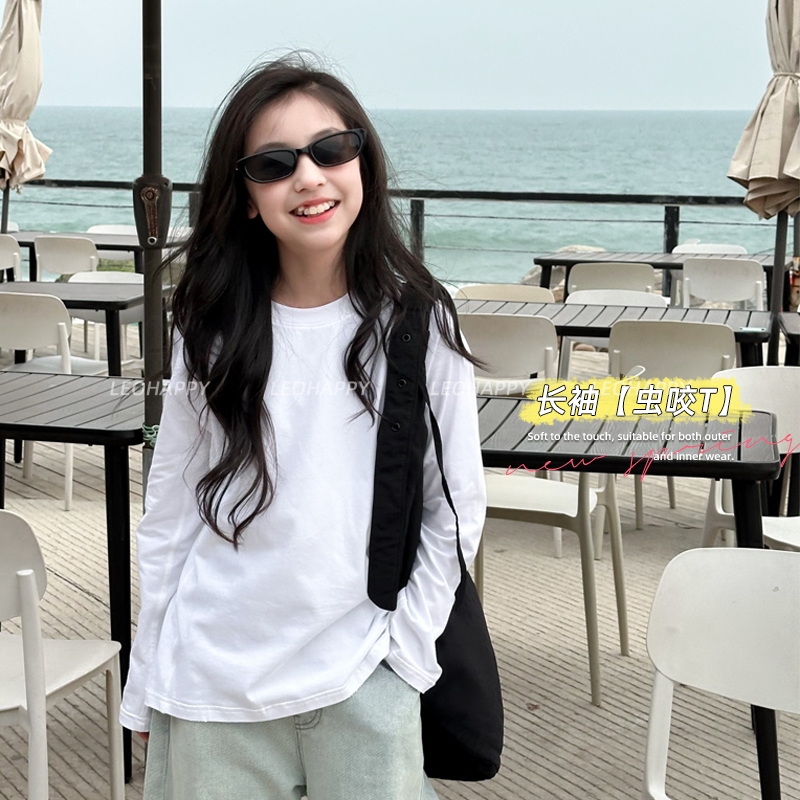 LEOHAPPY【虫咬T】破洞洗水感纯白色弹力圆领长袖T恤