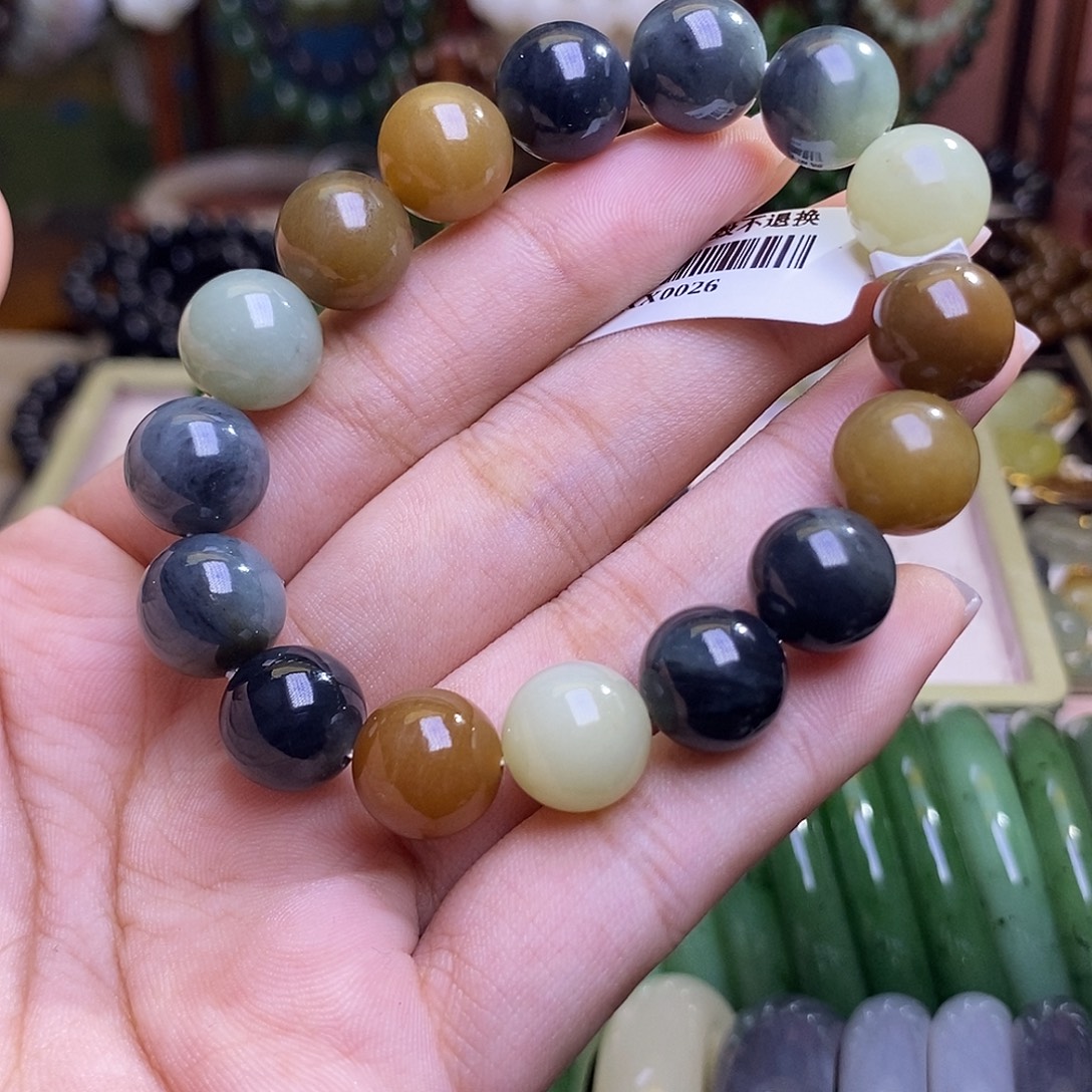 和田玉未镶嵌颈饰老矿料楼兰三彩多宝手串12mm