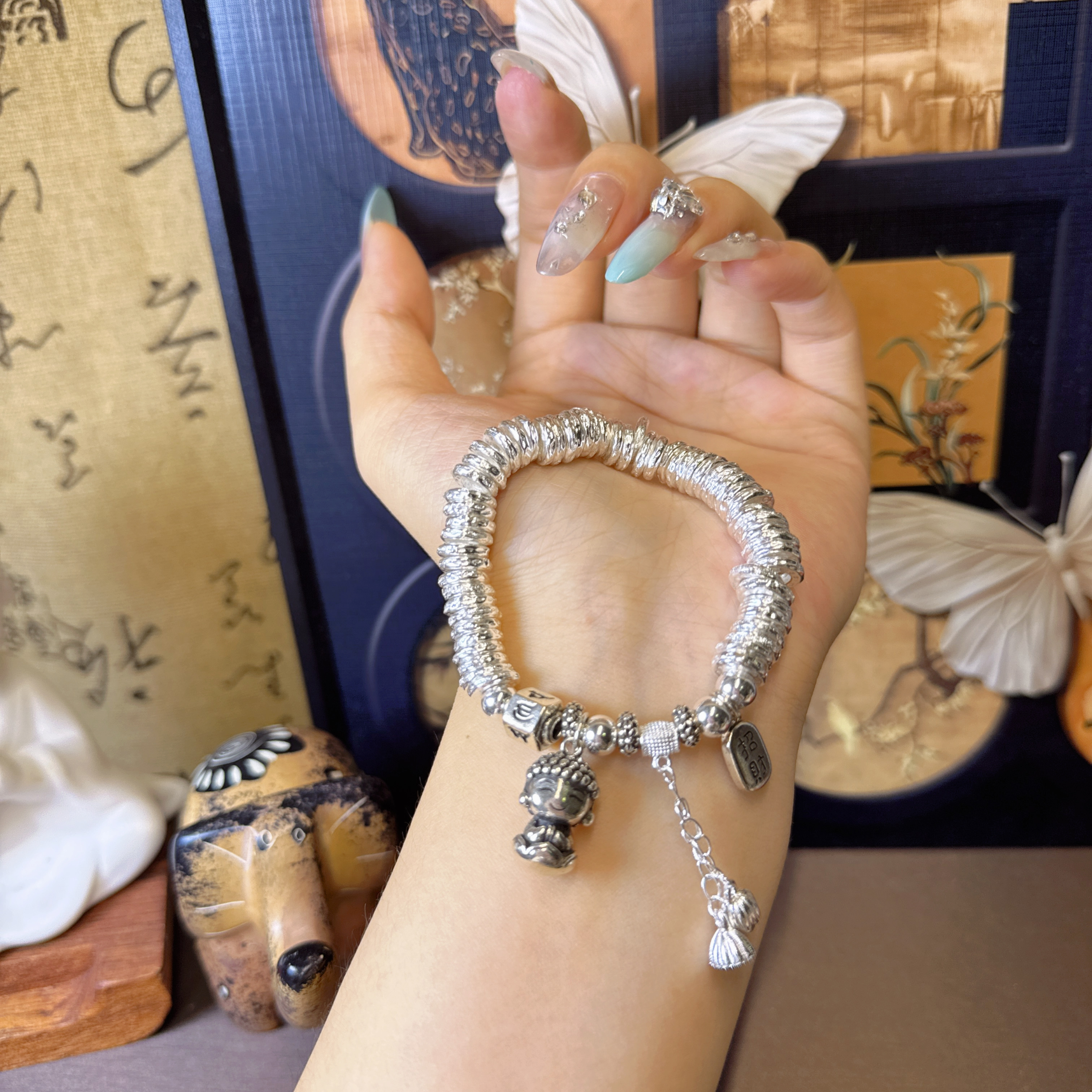 足银手链 999.9字银宝宝佛盘缠手链 六字真言莲花佛实心