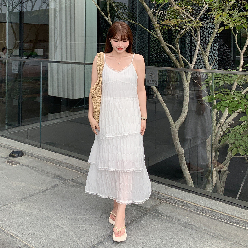 大码春夏季度假风蕾丝花边吊带连衣裙