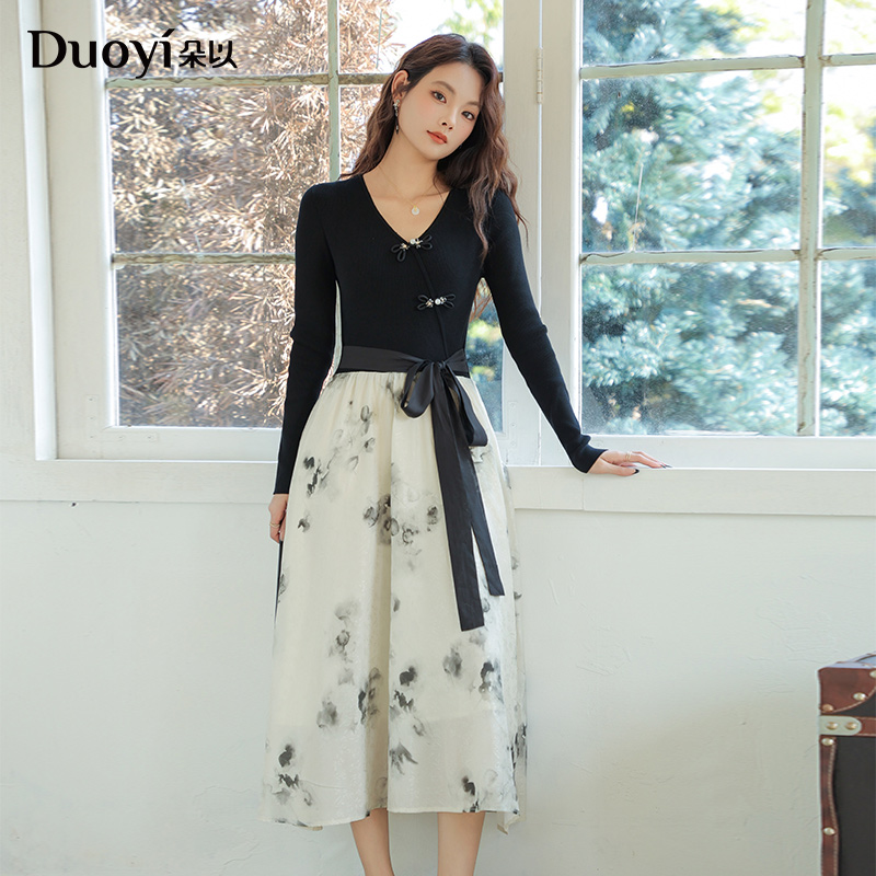 朵以2025春季新款新中式新国风拼接连衣裙纱裙长裙39BC849008