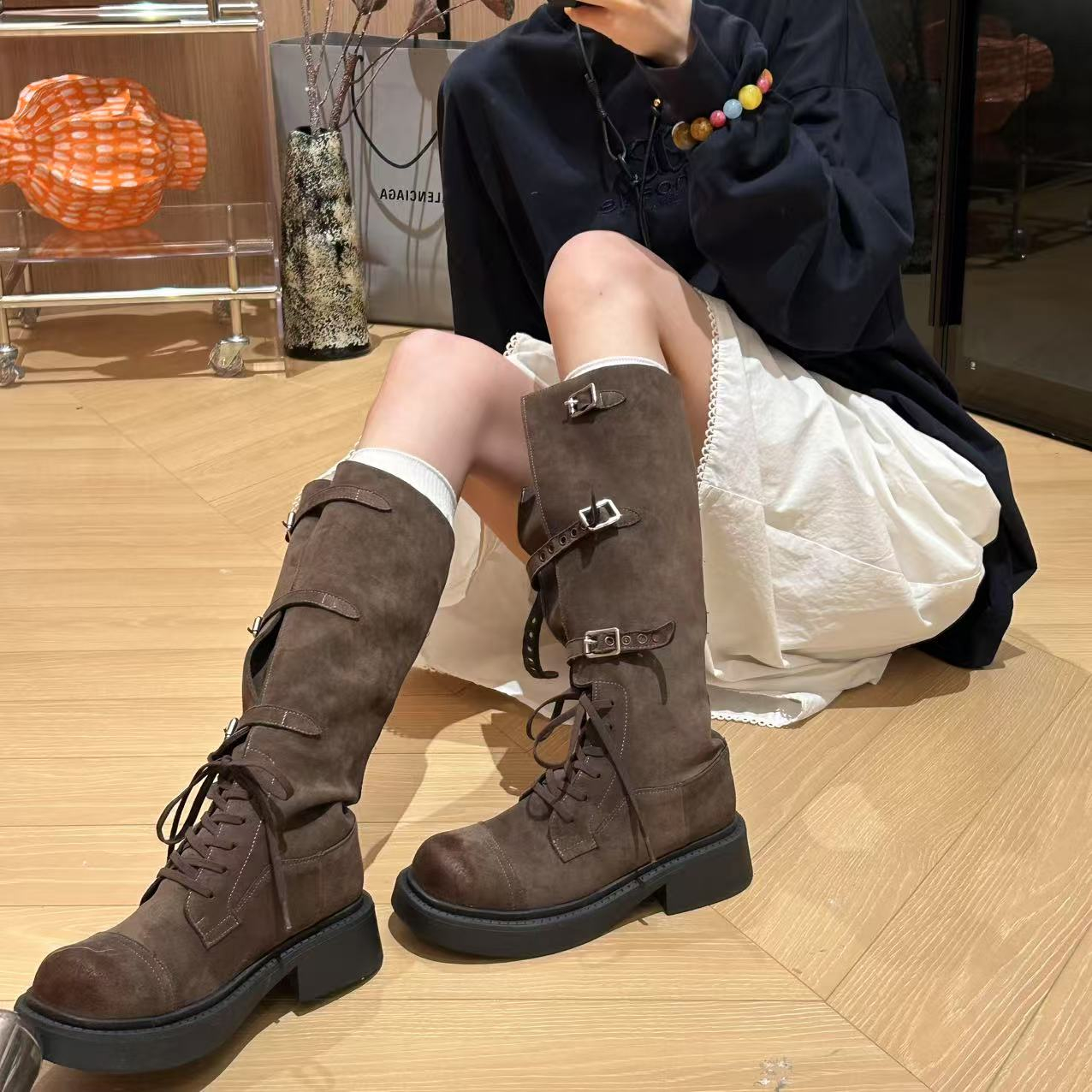 磨砂复古长筒靴女2025秋季新款皮带扣骑士靴不过膝两穿靴子长靴女