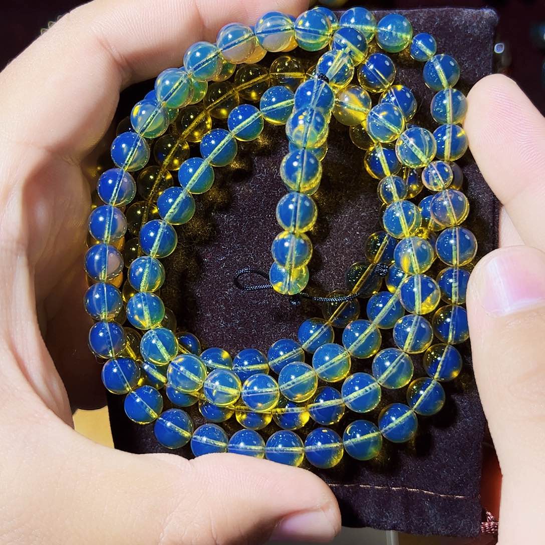 蓝珀珠宝奇石未镶嵌墨西哥8mm天空蓝毕业级108佛珠项链