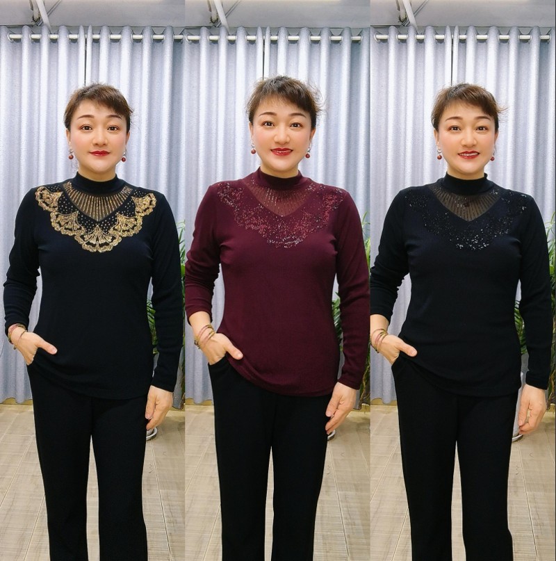 秋季上新半高领镂空长袖亮钻妈妈装体恤打底衫2565
