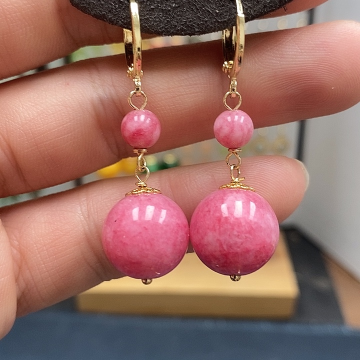 菱锰矿（红纹石）银S925镀金镶嵌耳饰尺寸14mm