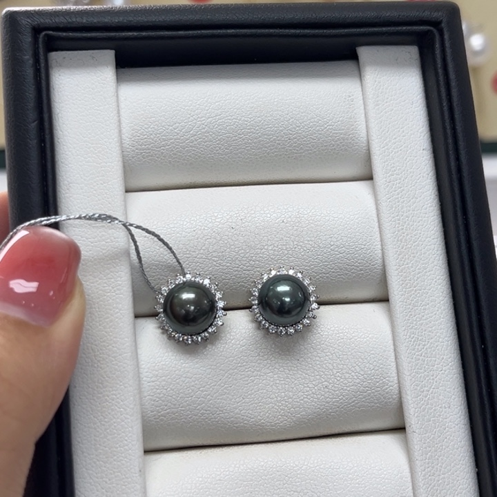 银S925镶嵌耳饰海水珍珠大溪地8-9mm18h