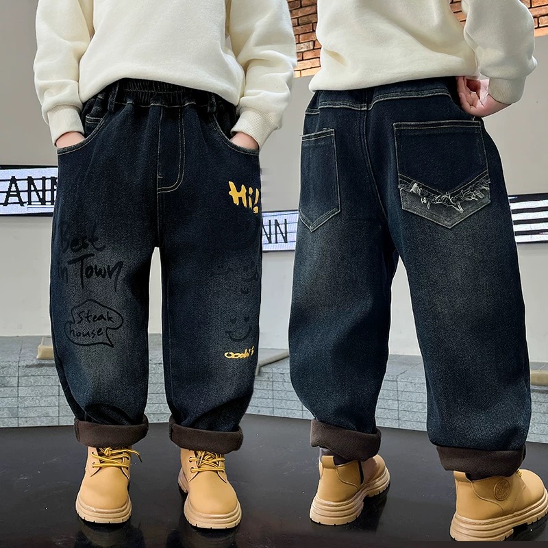 男童加绒冬款2025新款儿童一体绒加厚牛仔裤男孩儿童加绒裤子