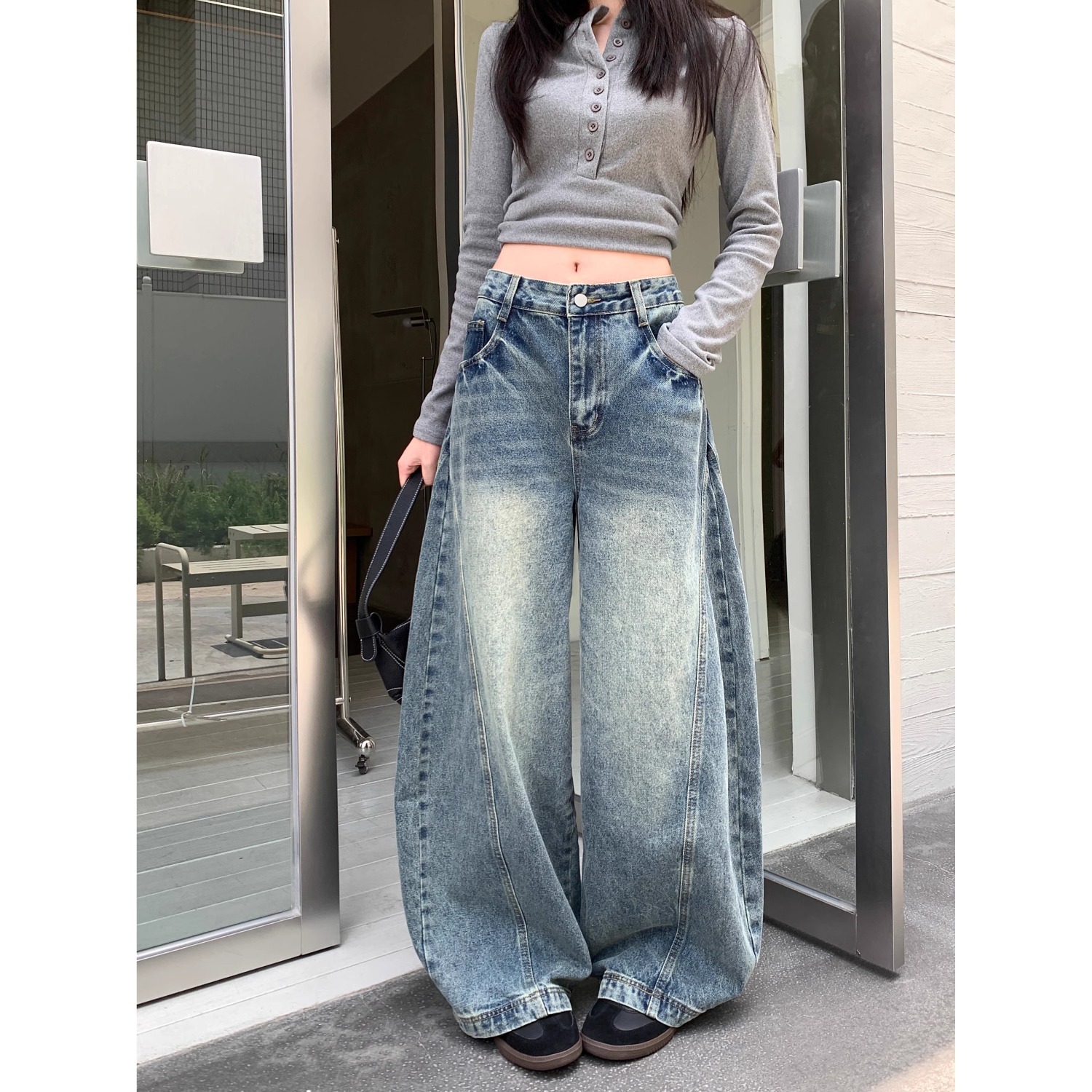 美式复古做旧蓝色牛仔裤男秋季百搭宽松阔腿裤显瘦弯刀裤拖地长裤