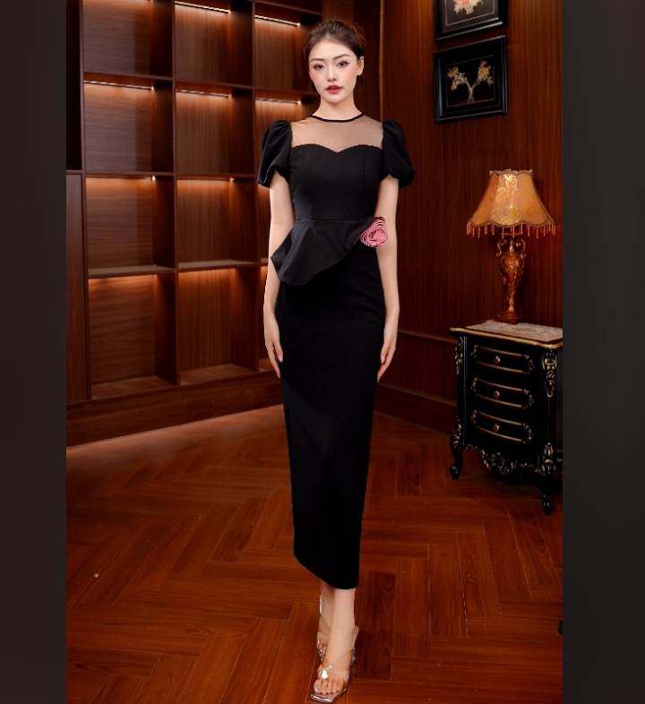 【美美专属】中长裙常规夏季黑色褶皱收腰连衣裙小众修身气质15410