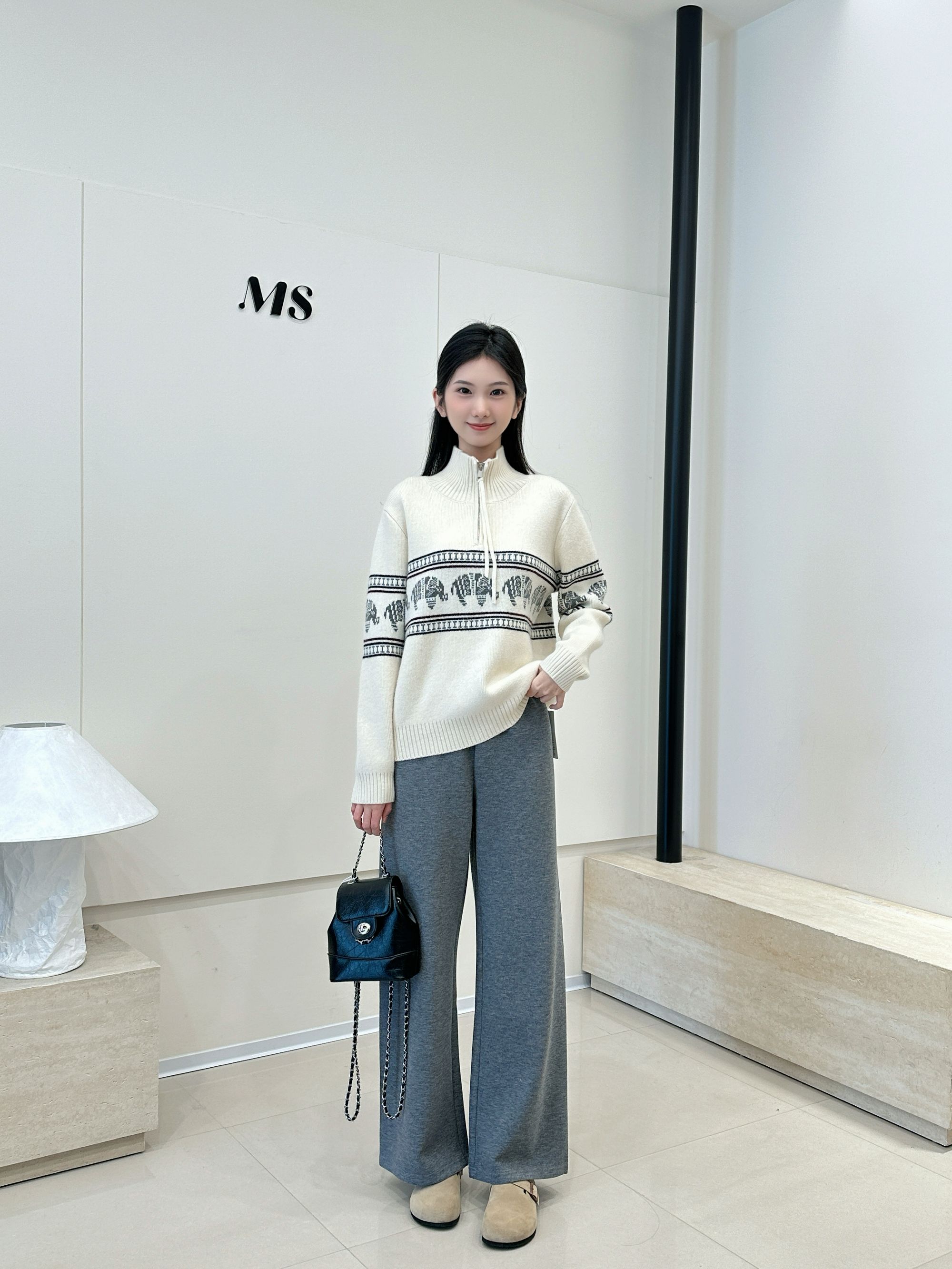 秋冬半拉链设计感圆领套头长袖毛衣软糯舒适气质减龄2025冬新款