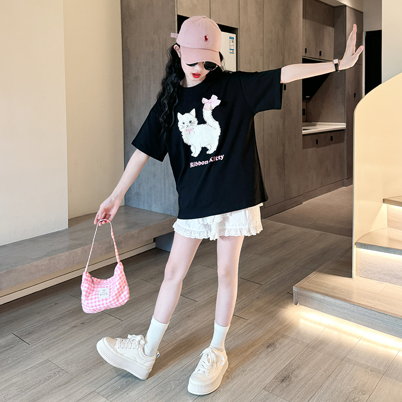 女童洋气短袖t2025夏款时尚卡通T恤中大童潮酷休闲百搭上衣