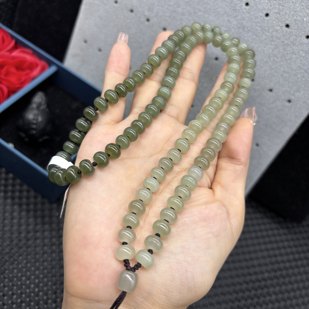 福利天然和田玉渐变湖水绿算盘珠8mm玉石挂坠绳毛衣链项链百搭款