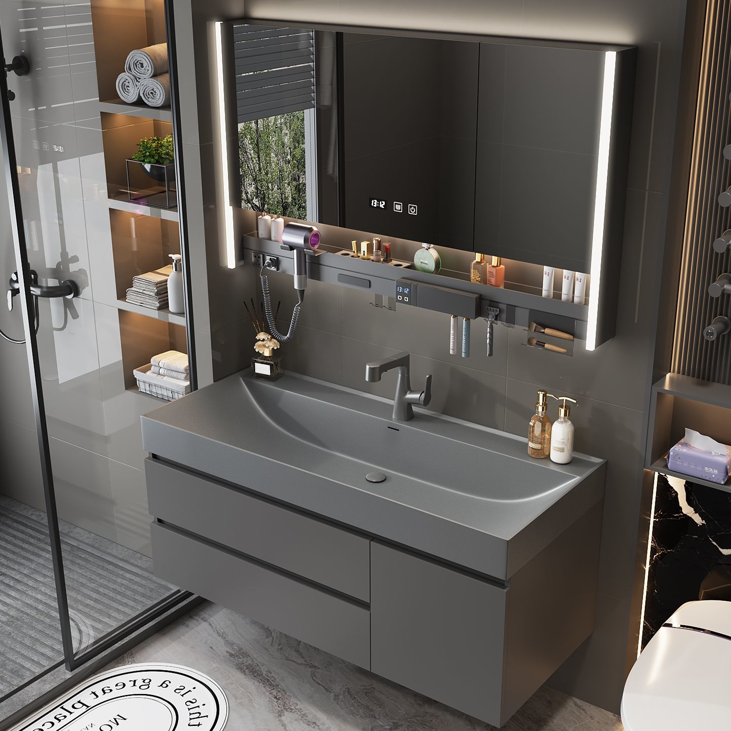 意式极简风鎏金石一体盆浴室柜组合卫生间洗漱台洗手盆洗手台盆柜