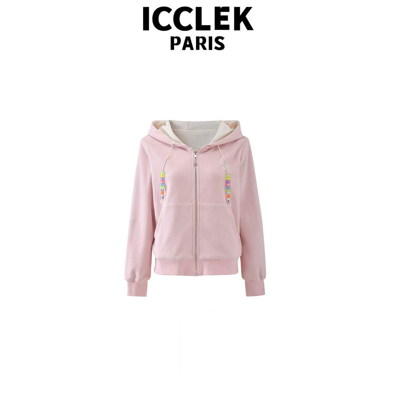 ICCLEK 粉色连帽长袖针织衫气质轻奢名媛百搭显瘦外套-9026