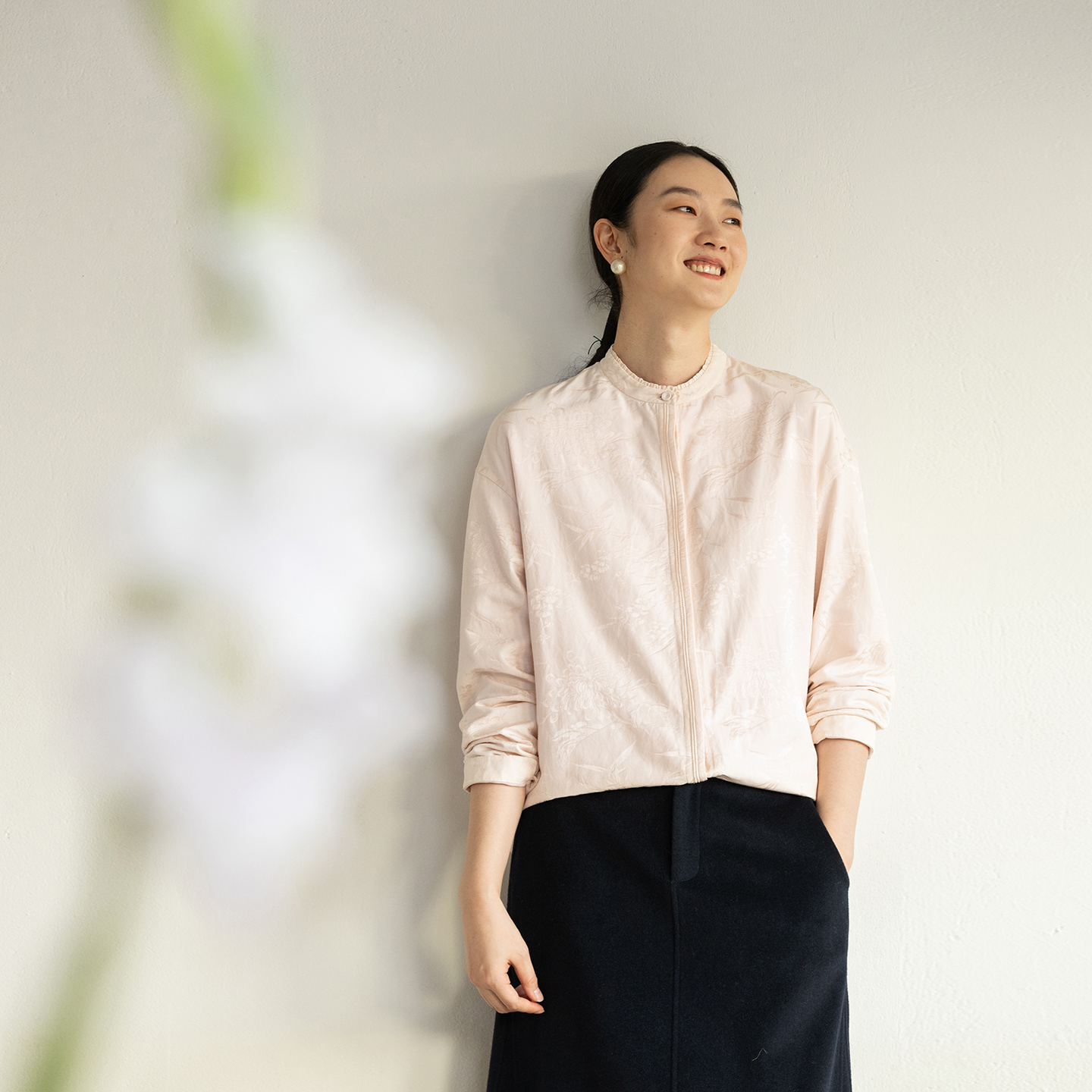 牧衣游原创 28姆米重磅提花丝棉衬衫简约气质粉色文艺衬衣 净尘客