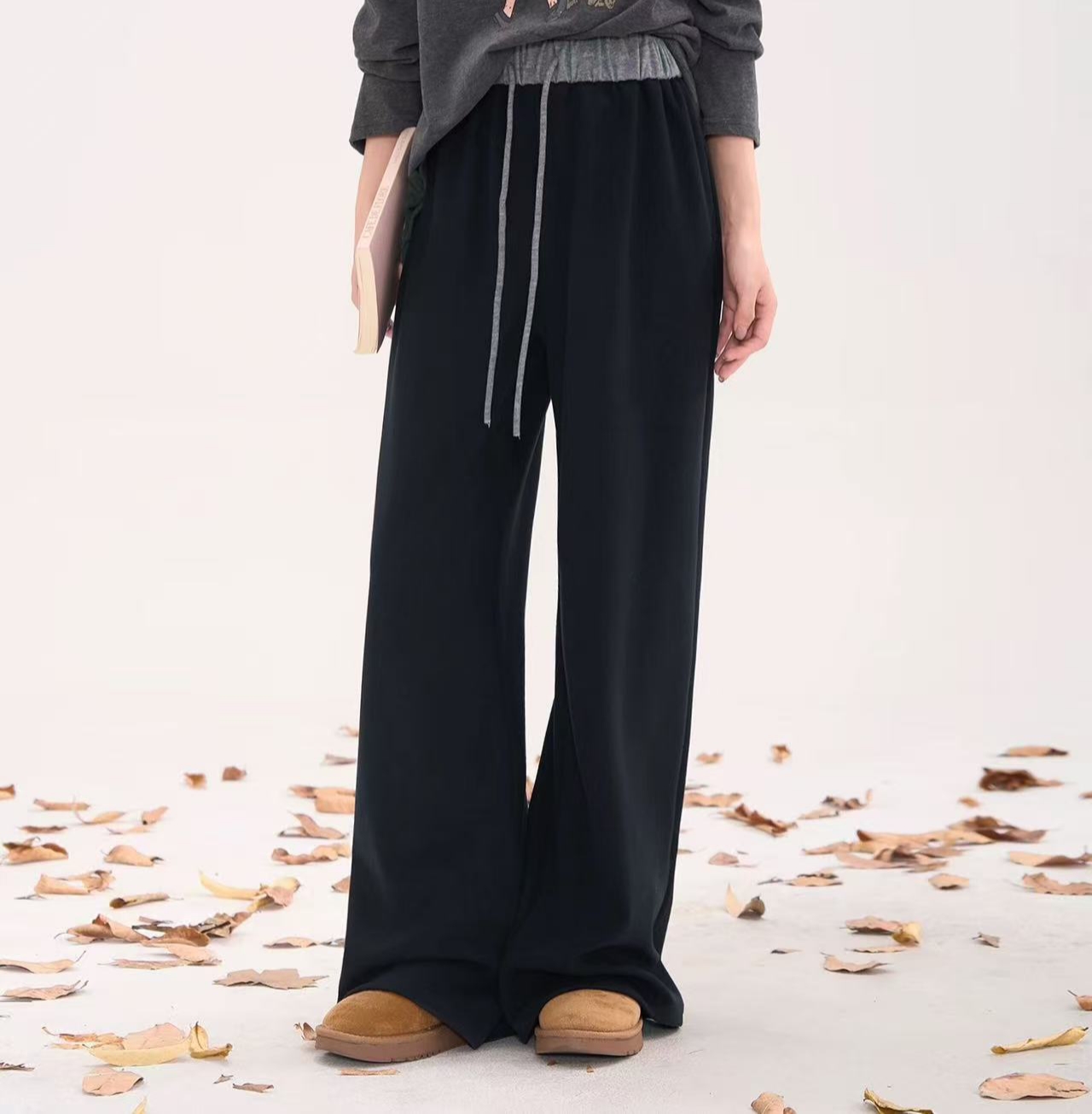 撞色松紧腰抽绳拼接阔腿裤休闲显瘦百搭秋冬款