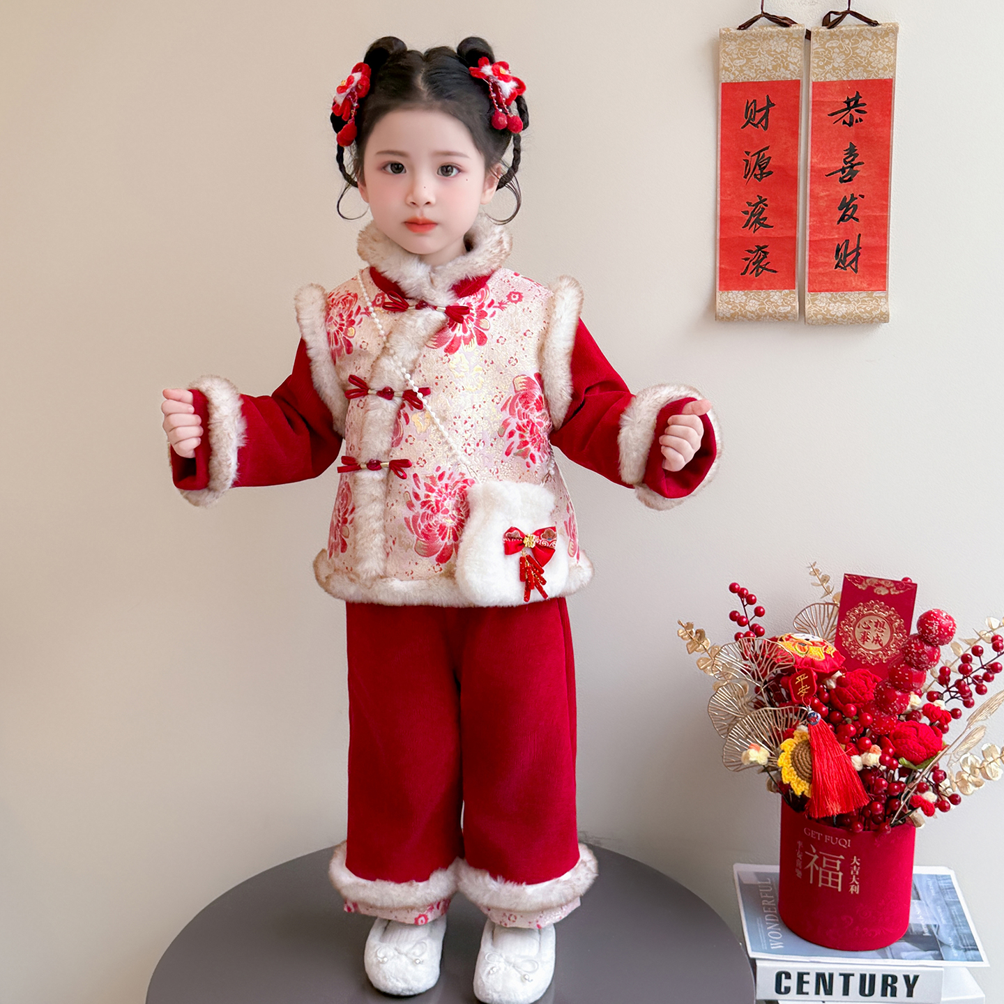 女童冬季拜年服套装儿童夹棉加厚红色新年过年衣服女宝宝喜庆汉服