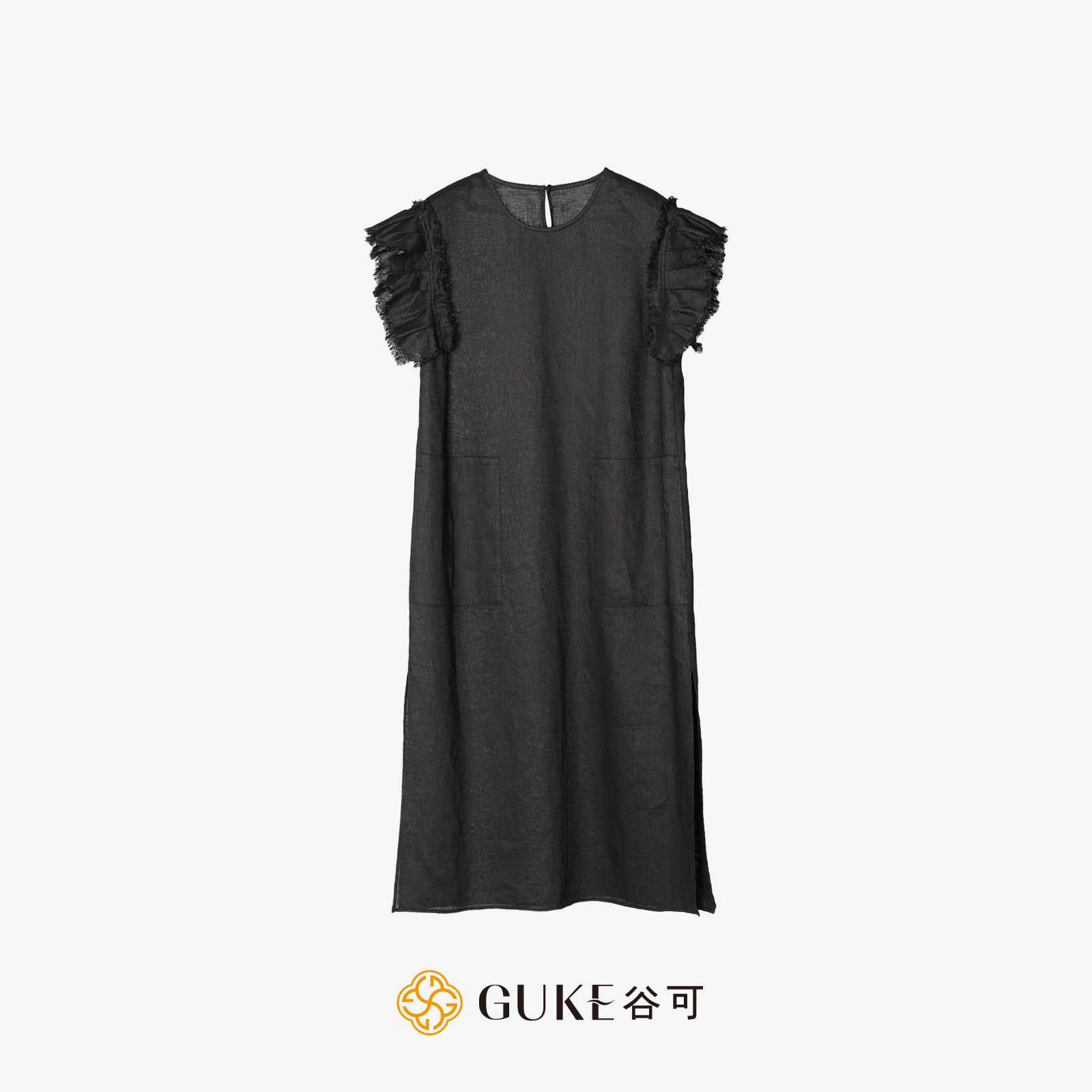 GKE/谷可LQ1237黑色直筒亚麻连衣裙2025夏季无袖圆领气质简约裙子