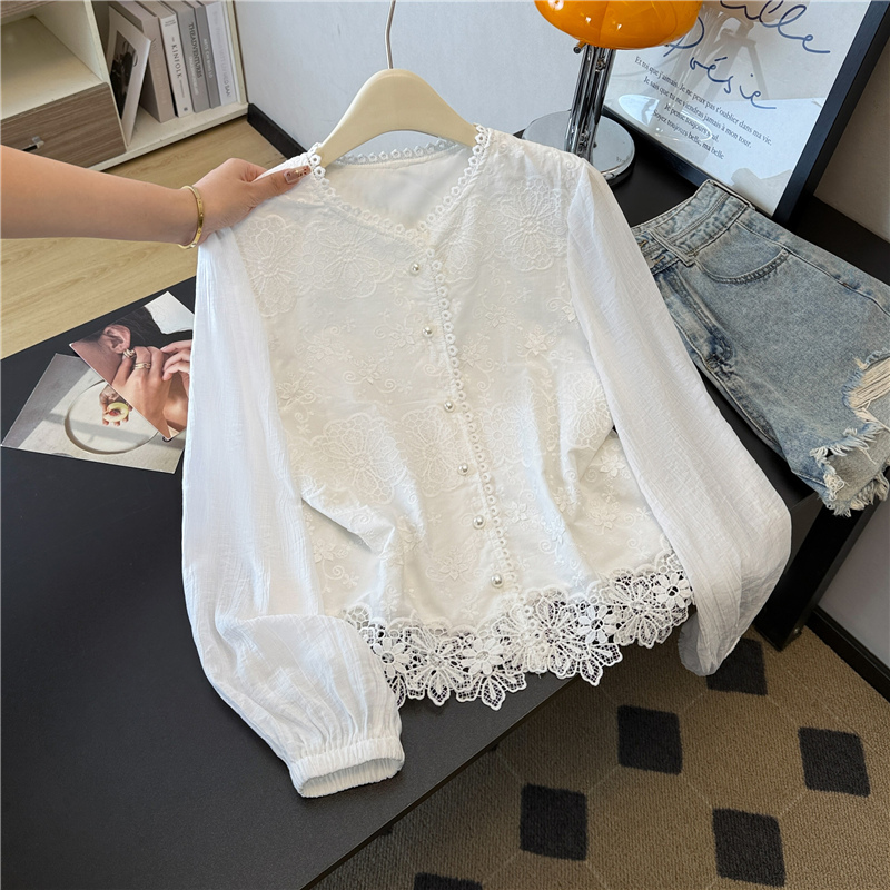 春秋新款新中式百搭高级感蕾丝白衬衫上衣洋气宽松打底小衫衬衣女