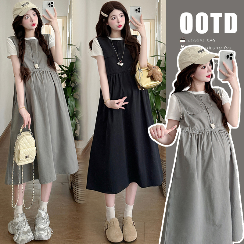 现货孕妇装2025夏装新款学院风抽绳休闲孕妇连衣裙大码女装两件套