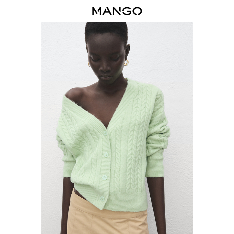 MANGO女装毛针织衫2026春装新款休闲V领绞花针织系扣开衫毛衣