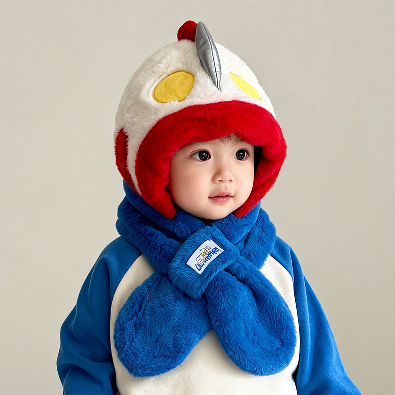 奥特曼儿童帽子围巾一体帽冬季男女保暖宝宝防风加绒加厚护耳帽