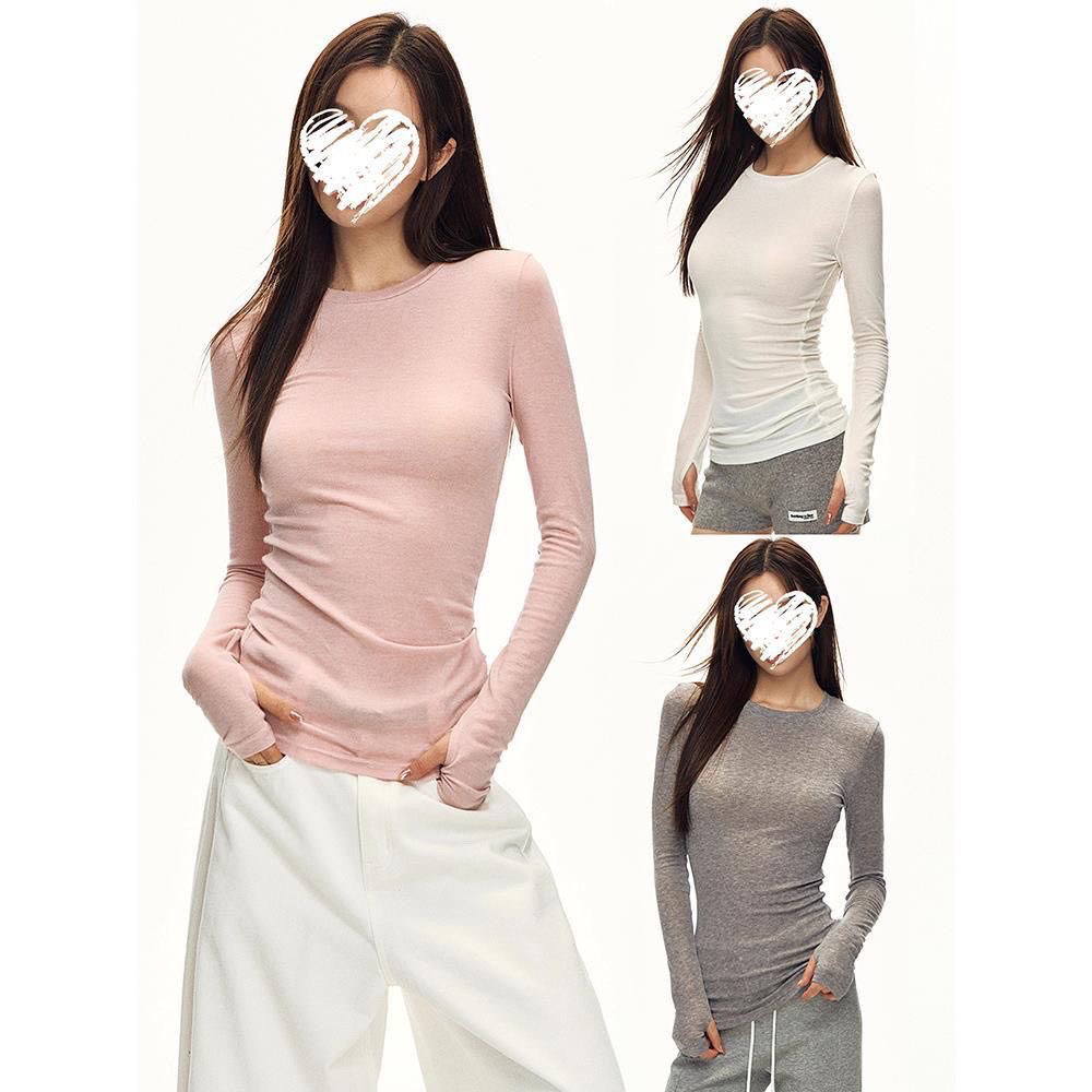 韩系修身显瘦圆领长袖打底衫T恤春秋纯色内搭百搭正肩上衣女