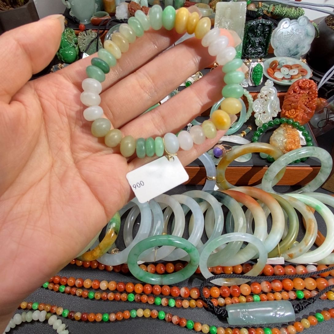 翡翠手链未镶嵌龙**祥腾冲老料算盘珠串