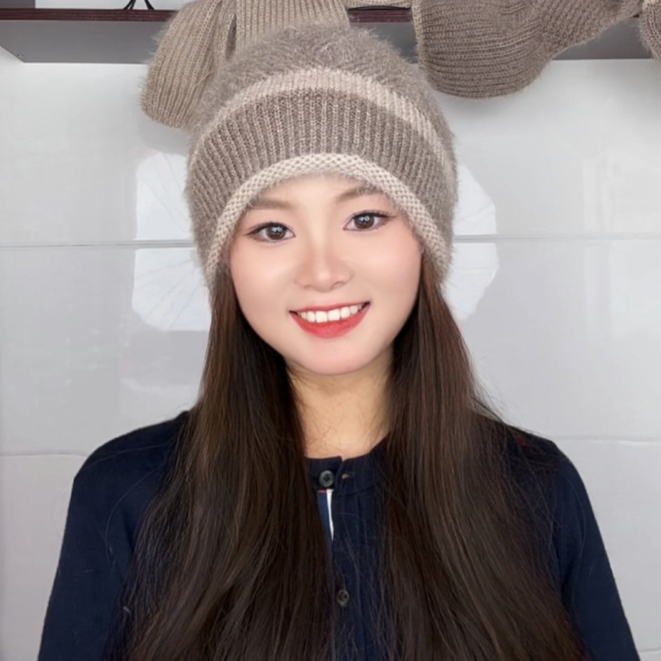 新款冬季松鼠绒双层针织防风抗寒堆堆帽百搭冷帽韩版护耳保暖帽