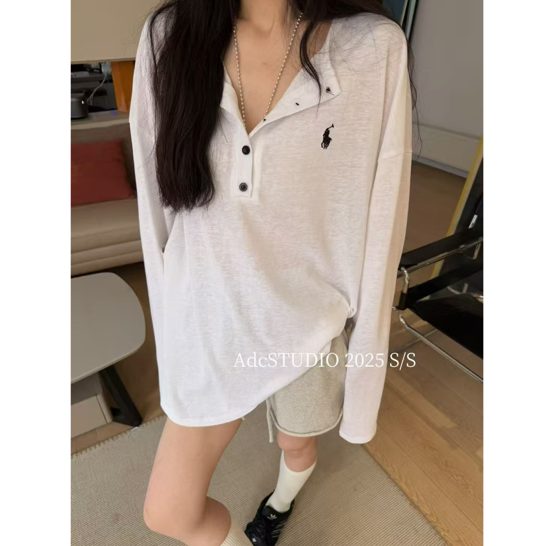 【现货-纯色黑白防晒】東room夏季薄款韩版扣子领口长袖防晒T恤女
